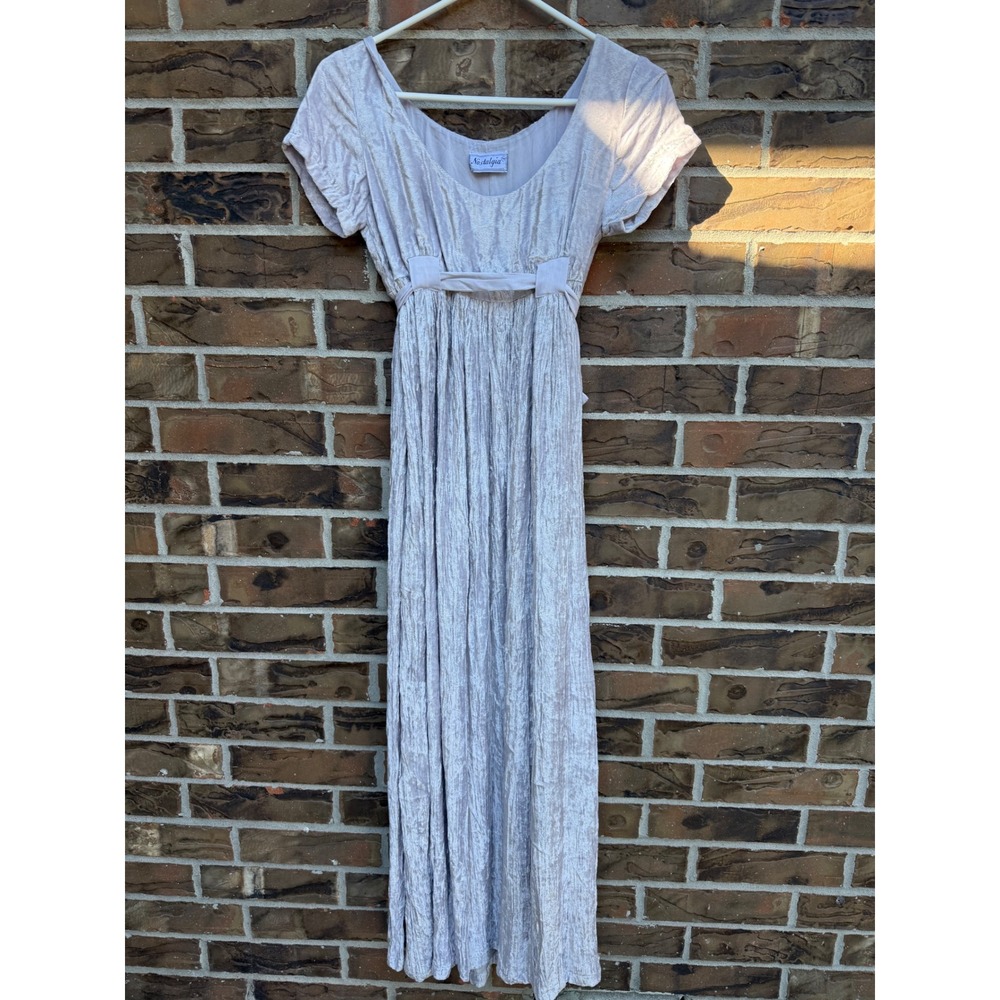 Nostalgia Vintage Crushed Velvet Empire Waist‎ Maxi Dress Lavender Silver Grey